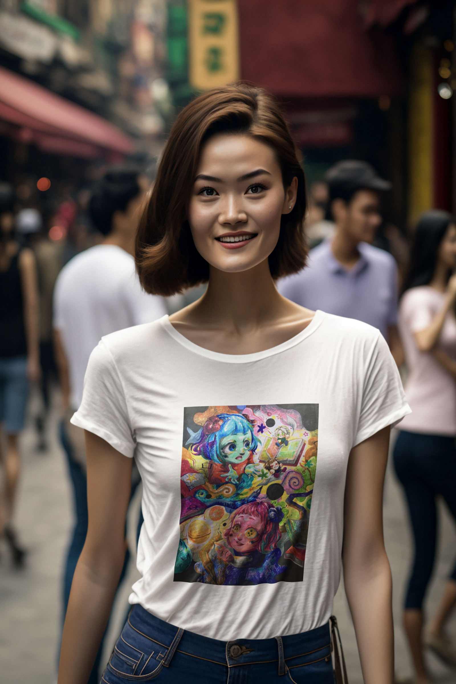 round-neck-t-shirt-mockup-featuring-an-ai-generated-woman-posing-in-a-shanghai-street-m32543